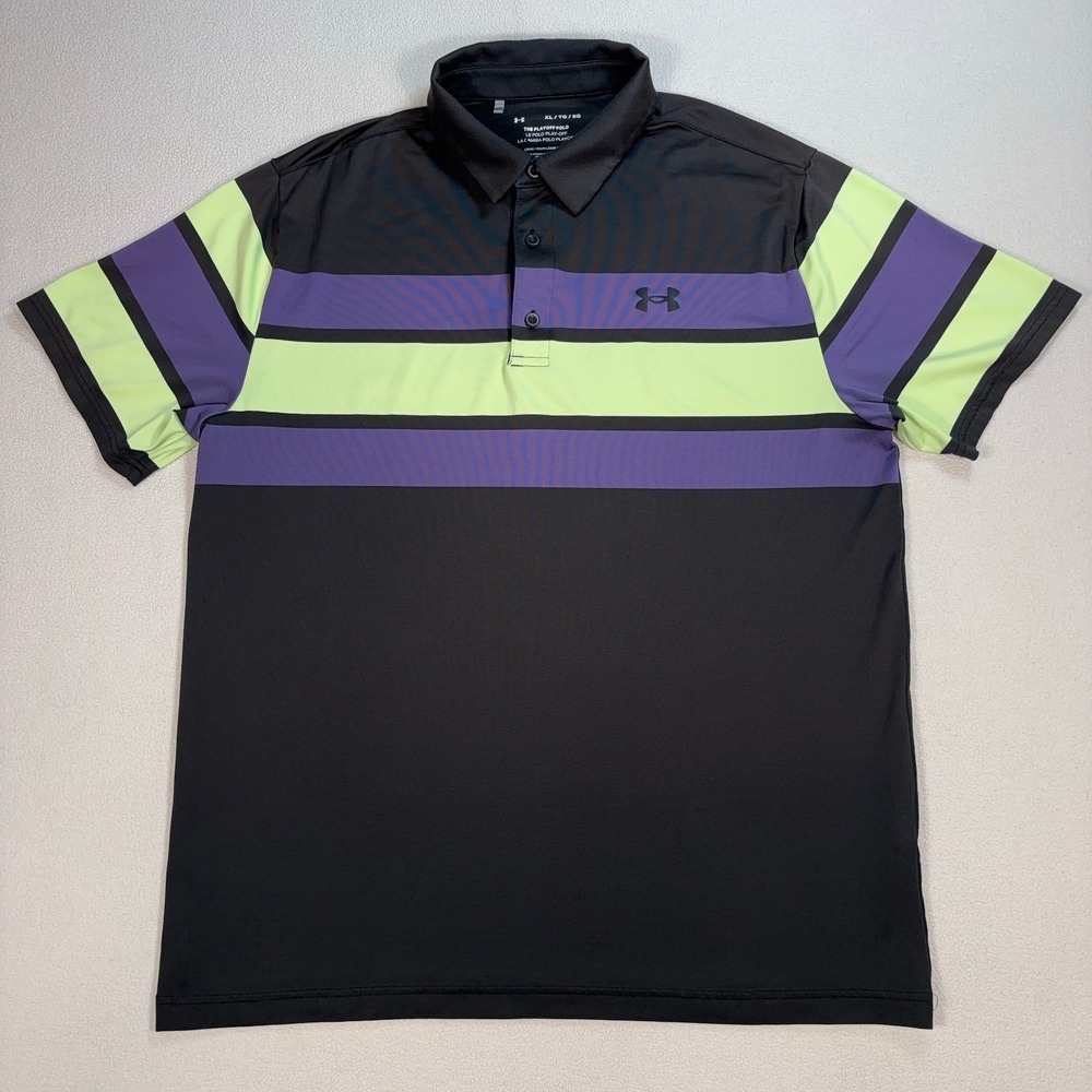 Under Armour Playoff 2.0 Polo Men XL‎ Black Purple Colorblock Loose Stretch Logo